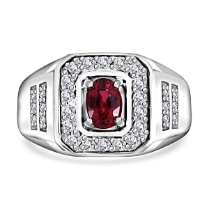 Sanguine Sapphire and Moissanite Men's Ring in Rhodium Over Sterling Silver (Size 12.0) 1.35 ctw