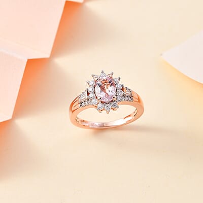 Premium Pink Morganite and Moissanite Ring in 18K Vermeil Rose Gold Over Sterling Silver (Size 10.0) 1.15 ctw