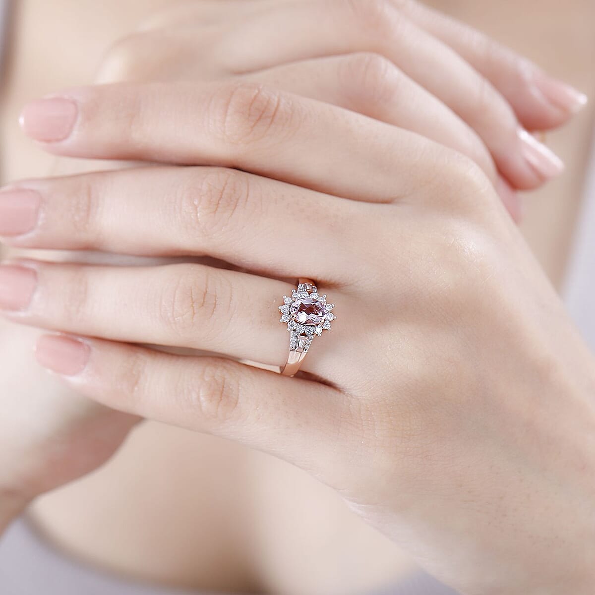 Premium Pink Morganite and Moissanite Ring in 18K Vermeil Rose Gold Over Sterling Silver (Size 5.0) 1.15 ctw image number 2