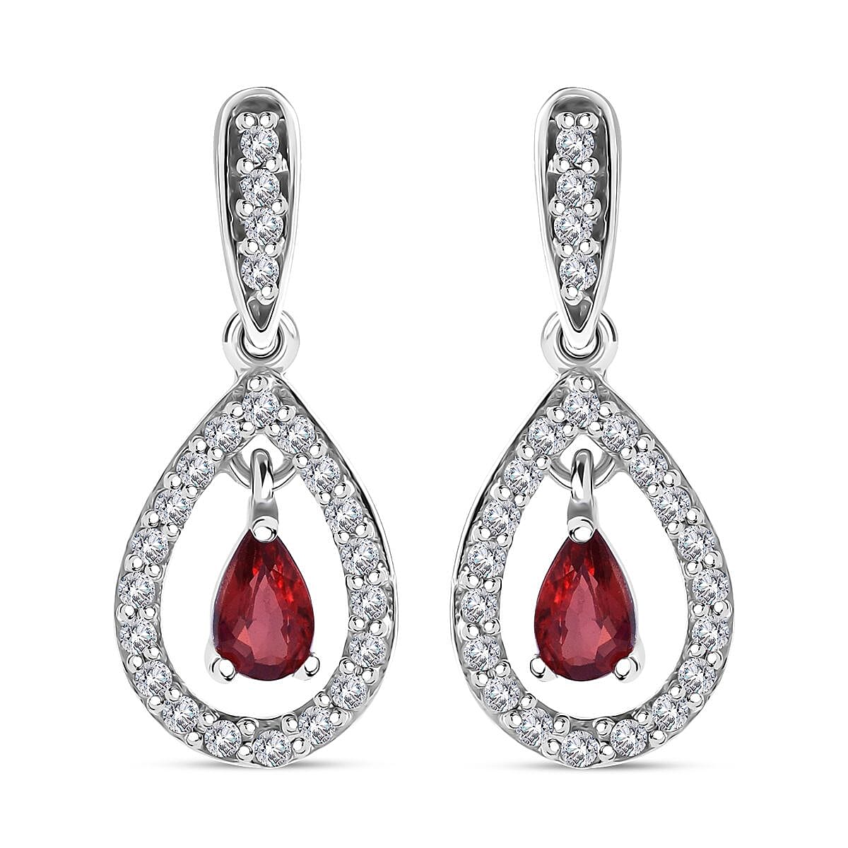 Premium Red Sapphire and White Zircon Dangling Earrings in Rhodium Over Sterling Silver 1.00 ctw image number 0