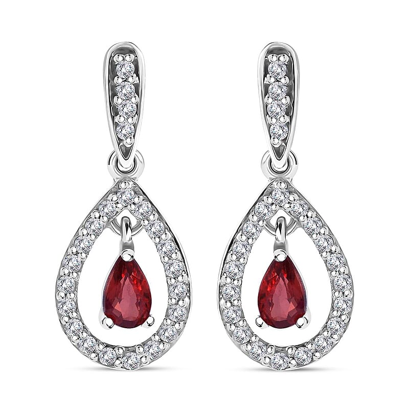 Premium Red Sapphire and White Zircon Dangling Earrings in Rhodium Over Sterling Silver 1.00 ctw