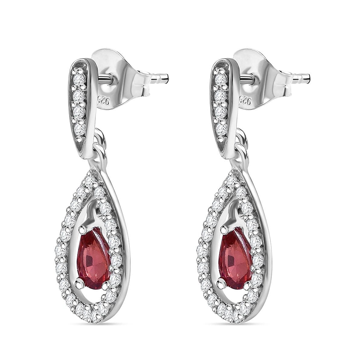 Premium Red Sapphire and White Zircon Dangling Earrings in Rhodium Over Sterling Silver 1.00 ctw image number 2