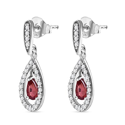 Premium Red Sapphire and White Zircon Dangling Earrings in Rhodium Over Sterling Silver 1.00 ctw