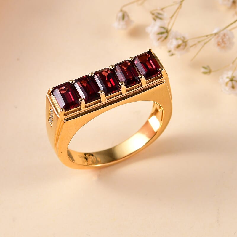 D'Joy Orissa Rhodolite Garnet and Moissanite Men's Ring in 18K Vermeil Yellow Gold Over Sterling Silver (Size 10.0) 4.10 ctw