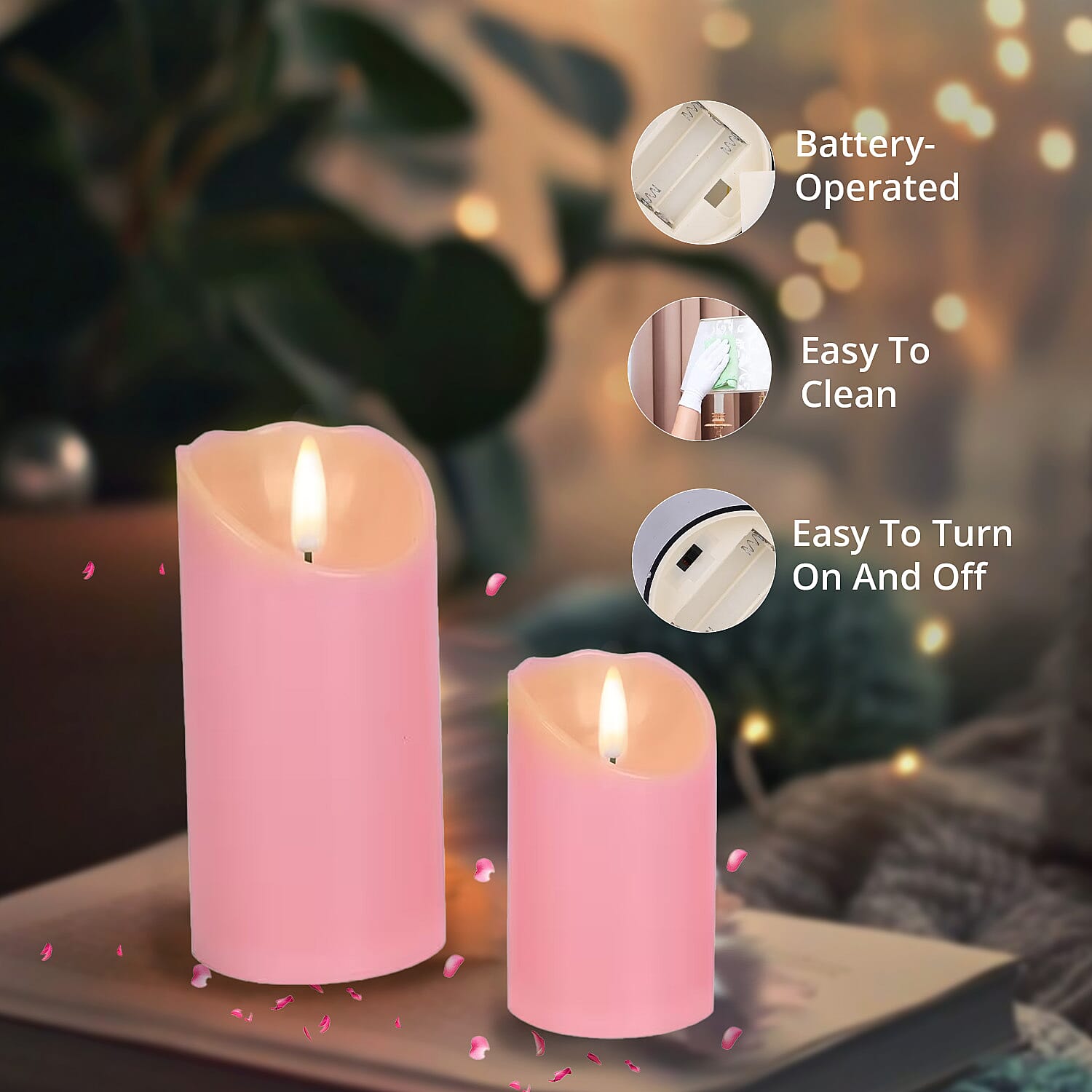 Set of 3 Flameless and Fireless Pink Colored Plastic Candle without Remote Control (2xAA Battery not included)
