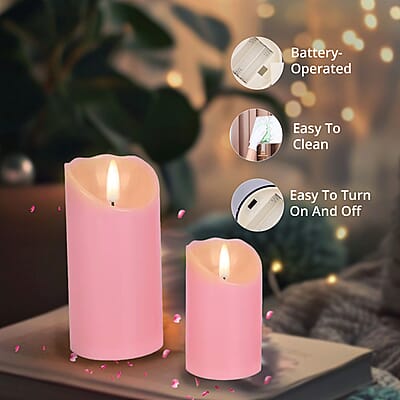 Set of 3 Flameless and Fireless Pink Colored Plastic Candle without Remote Control (2xAA Battery not included)