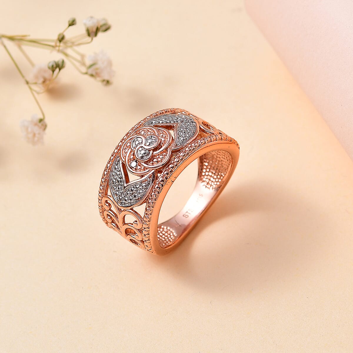 Karis Natural Champagne Diamond Accent Band Ring in Platinum Bond and 18K RG Plated (Size 6.0) image number 1