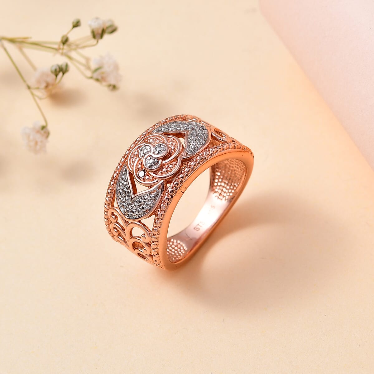 Karis Natural Champagne Diamond Accent Band Ring in Platinum Bond and 18K RG Plated (Size 9.0) image number 1