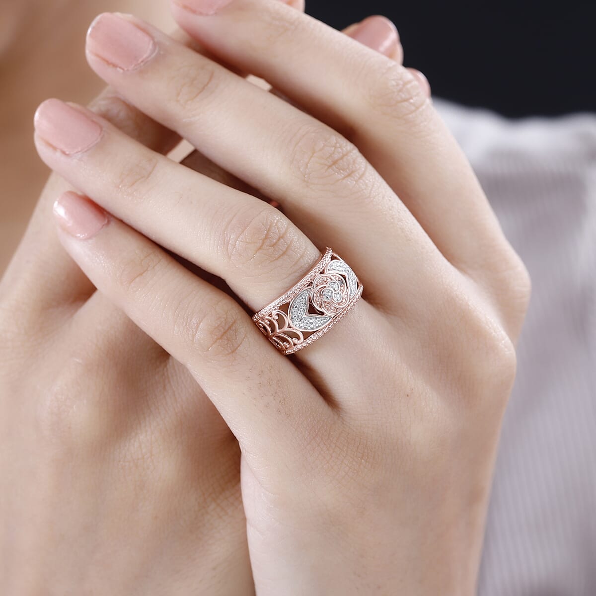 Karis Natural Champagne Diamond Accent Band Ring in Platinum Bond and 18K RG Plated (Size 9.0) image number 2