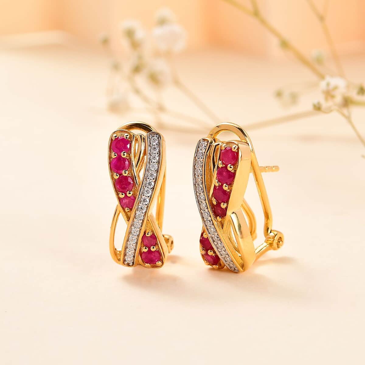 Montepuez Ruby and Moissanite Art Deco Earrings in 18K Vermeil Yellow Gold Over Sterling Silver 1.50 ctw image number 1