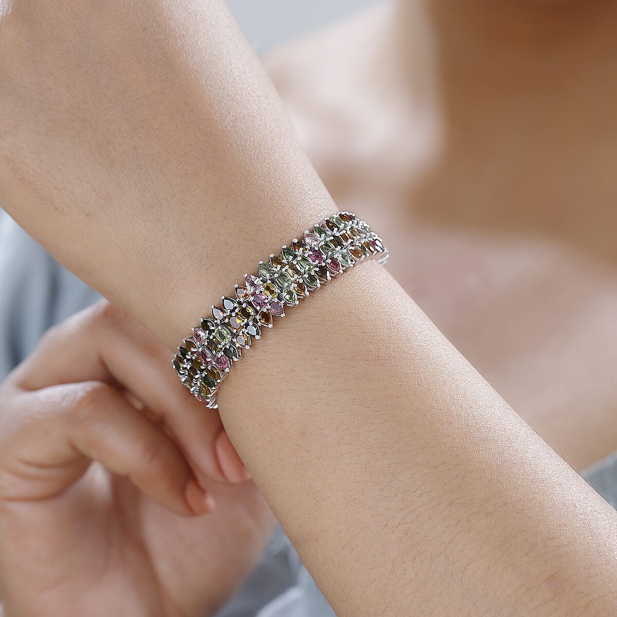 Multi-Tourmaline Bracelet in Platinum Over Sterling Silver (8.00 In) 26.60 ctw image number 2