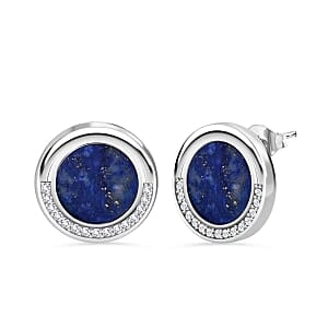 Lapis Lazuli and Simulated Diamond 5.27 ctw Earrings in Rhodium Over Sterling Silver