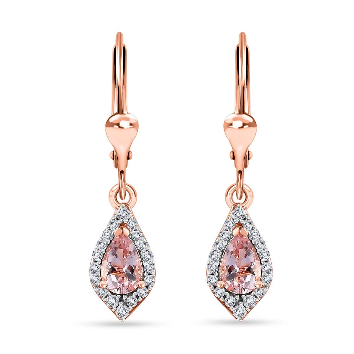 Premium Pink Morganite and Moissanite Lever Back Drop Earrings in 18K Vermeil Rose Gold Over Sterling Silver 1.10 ctw image number 0