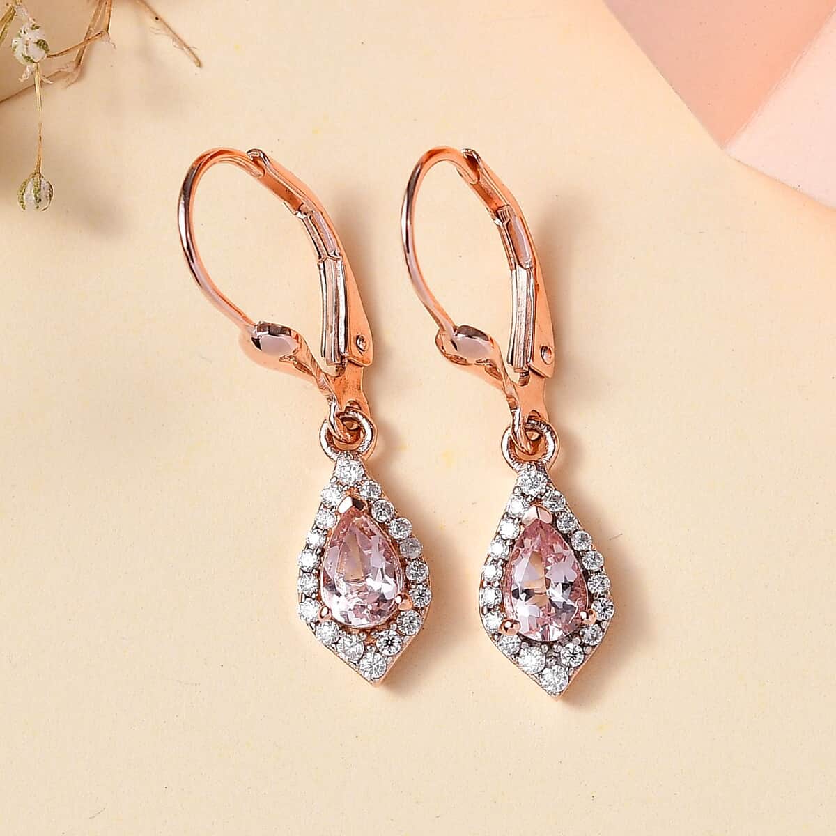 Premium Pink Morganite and Moissanite Lever Back Drop Earrings in 18K Vermeil Rose Gold Over Sterling Silver 1.10 ctw image number 1