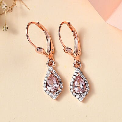 Premium Pink Morganite and Moissanite Lever Back Drop Earrings in 18K Vermeil Rose Gold Over Sterling Silver 1.10 ctw