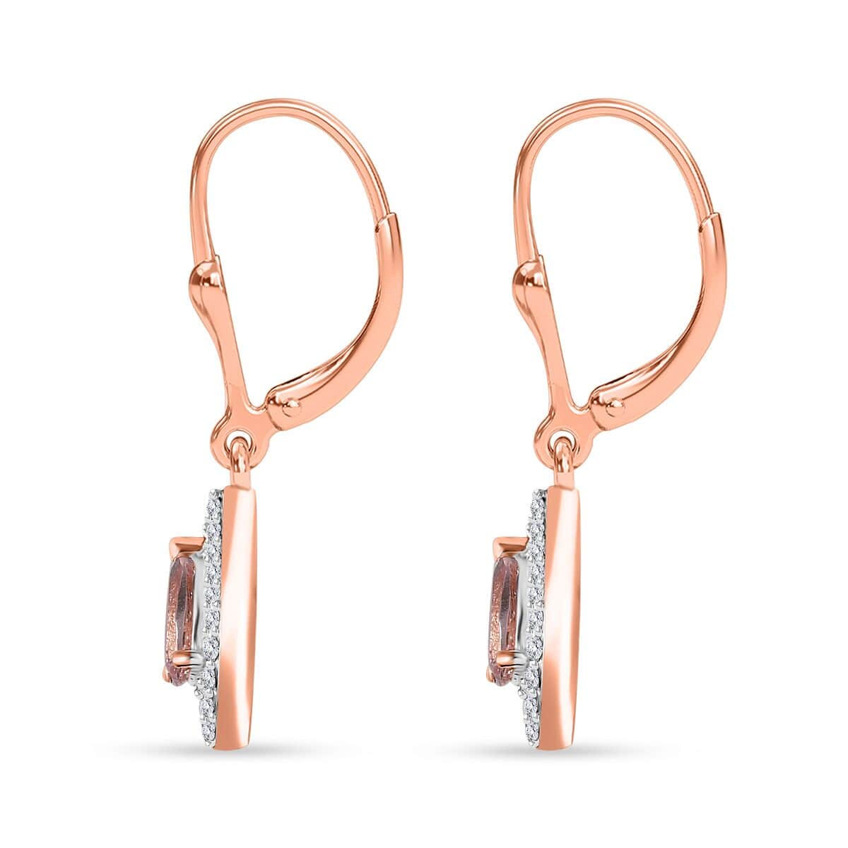 Premium Pink Morganite and Moissanite Lever Back Drop Earrings in 18K Vermeil Rose Gold Over Sterling Silver 1.10 ctw image number 3