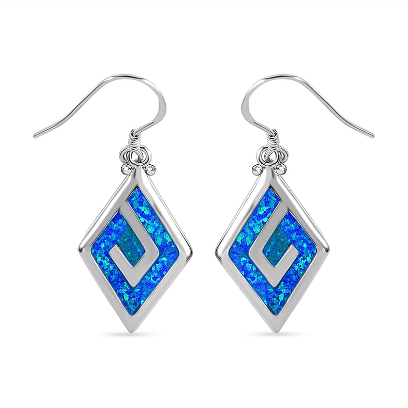Lab Created Crystal Blue Opal 5.00 ctw Earrings in Rhodium Over Sterling Silver (Size 10.0)