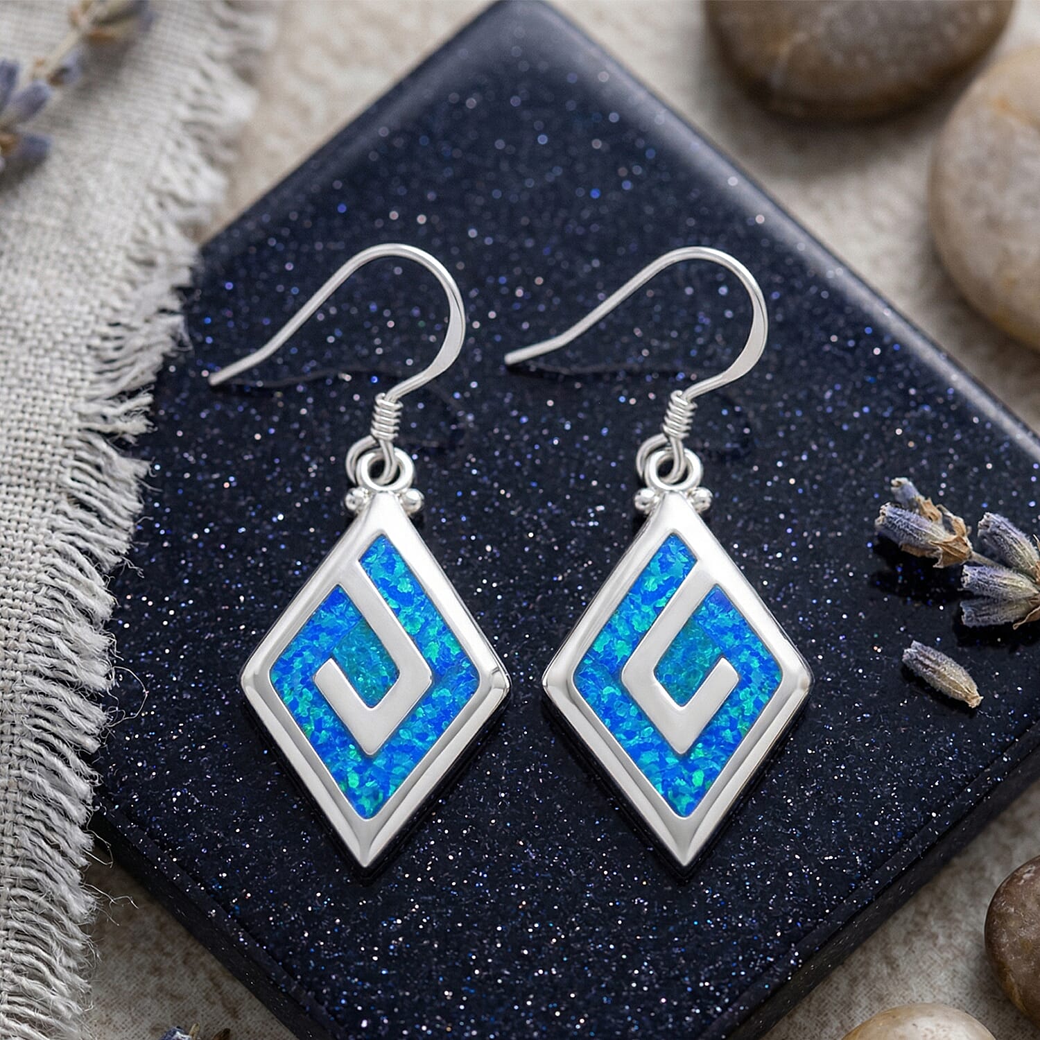 Lab Created Crystal Blue Opal 5.00 ctw Earrings in Rhodium Over Sterling Silver (Size 10.0)