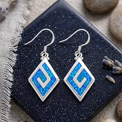 Lab Created Crystal Blue Opal 5.00 ctw Earrings in Rhodium Over Sterling Silver (Size 10.0)