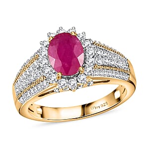 Montepuez Ruby and White Zircon Sunburst Ring in Vermeil Yellow Gold Over Sterling Silver (Size 6.0) 2.85 ctw