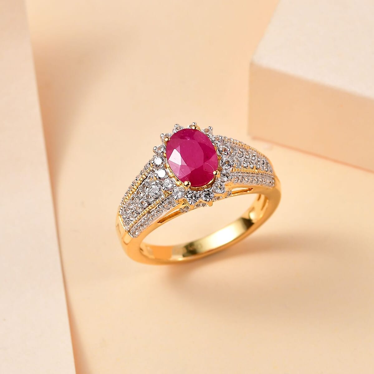 Montepuez Ruby and White Zircon Sunburst Ring in Vermeil Yellow Gold Over Sterling Silver (Size 9.0) 2.85 ctw image number 1