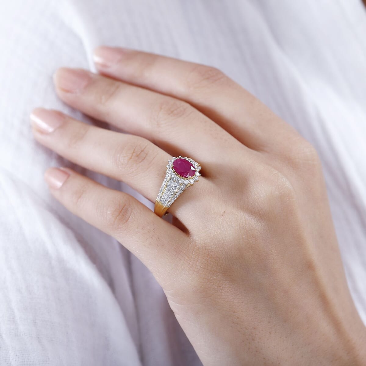 Montepuez Ruby and White Zircon Sunburst Ring in Vermeil Yellow Gold Over Sterling Silver (Size 9.0) 2.85 ctw image number 2