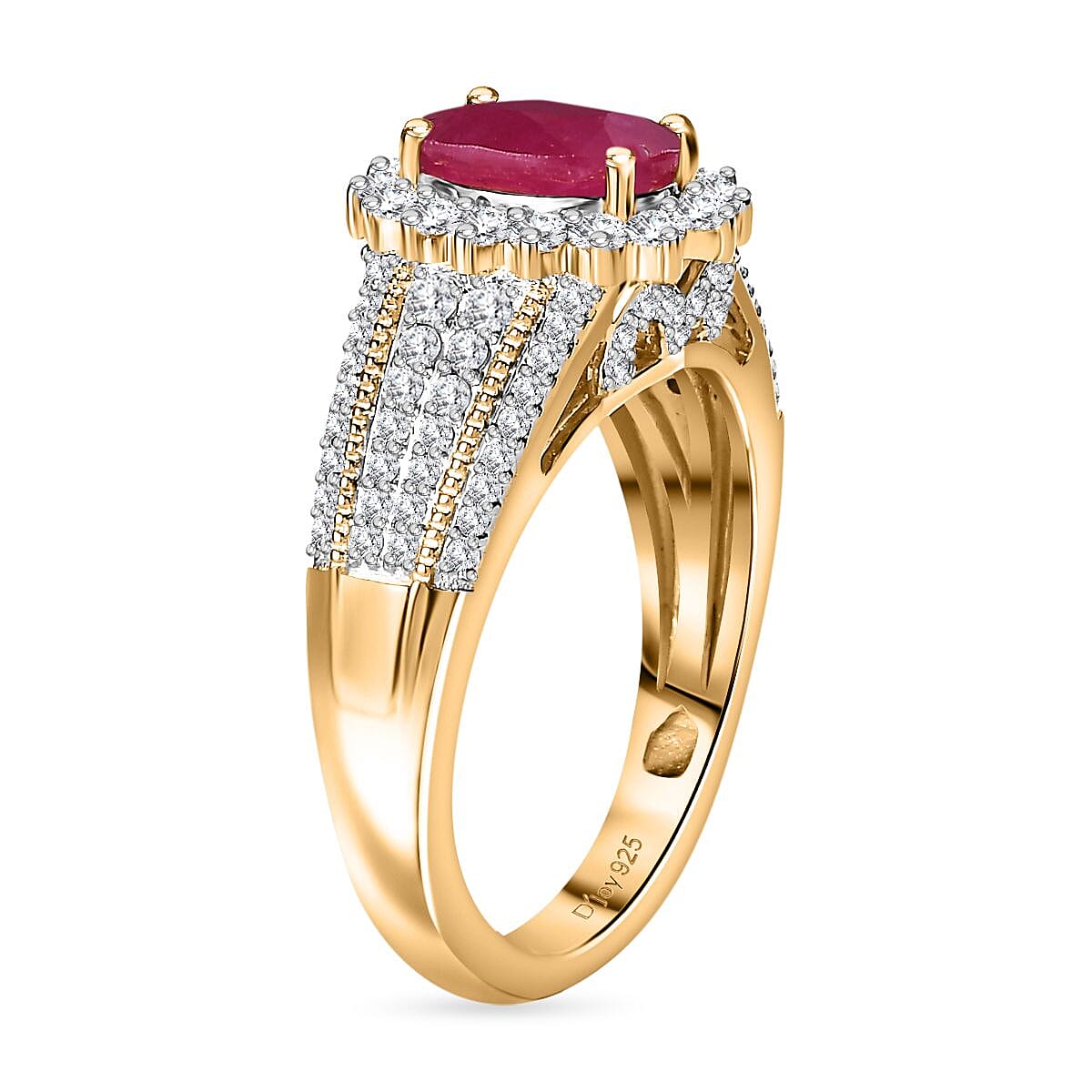 Montepuez Ruby and White Zircon Sunburst Ring in Vermeil Yellow Gold Over Sterling Silver (Size 10.0) 2.85 ctw image number 3