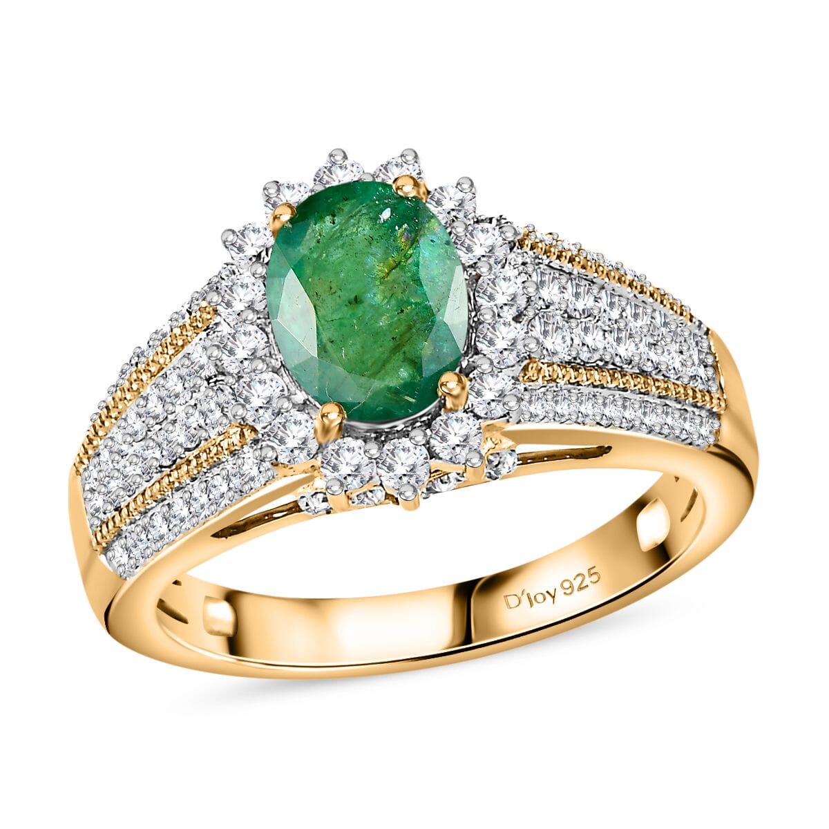 Kagem Zambian Emerald and White Zircon Sunburst Ring in Vermeil Yellow Gold Over Sterling Silver (Size 6.0) 2.20 ctw image number 0