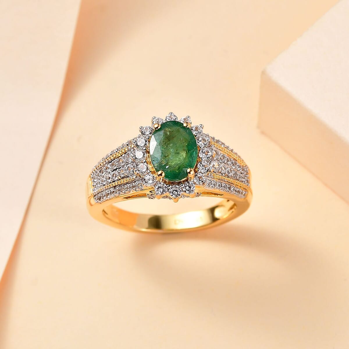 Kagem Zambian Emerald and White Zircon Sunburst Ring in Vermeil Yellow Gold Over Sterling Silver (Size 6.0) 2.20 ctw image number 1
