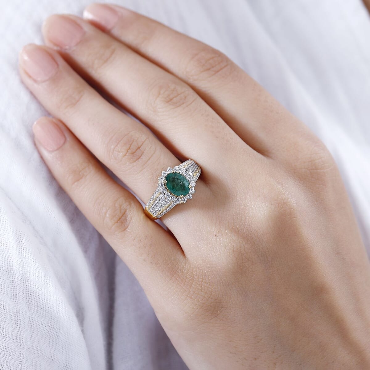 Kagem Zambian Emerald and White Zircon Sunburst Ring in Vermeil Yellow Gold Over Sterling Silver (Size 6.0) 2.20 ctw image number 2