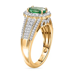 Kagem Zambian Emerald and White Zircon Sunburst Ring in Vermeil Yellow Gold Over Sterling Silver (Size 6.0) 2.20 ctw