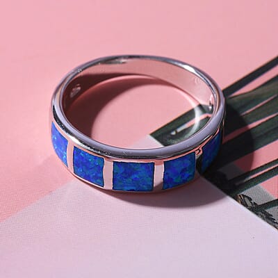 Lab Created Crystal Blue Opal 2.50 ctw Ring in Rhodium Over Sterling Silver (Size 10.0)