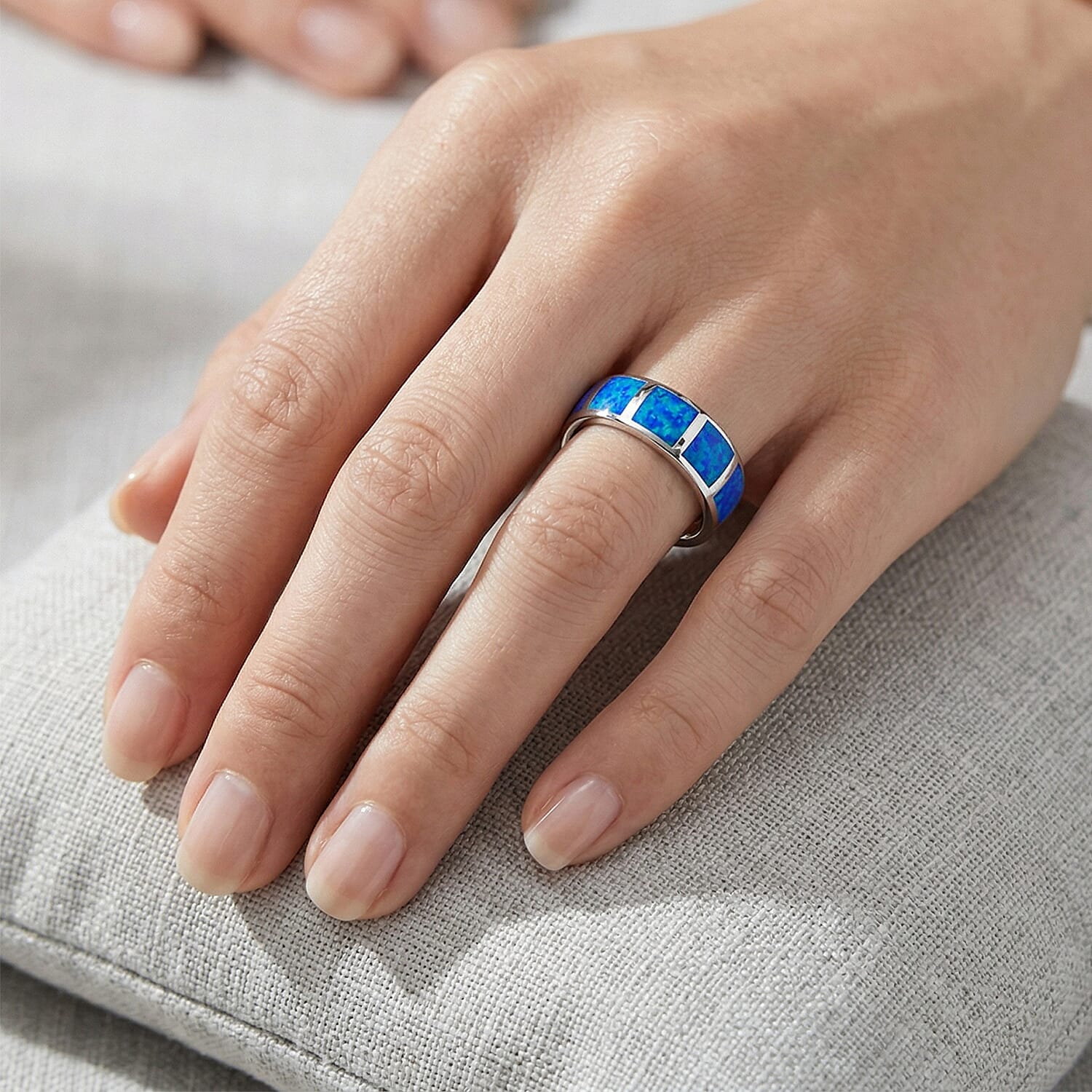 Lab Created Crystal Blue Opal 2.50 ctw Ring in Rhodium Over Sterling Silver (Size 10.0)