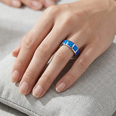 Lab Created Crystal Blue Opal 2.50 ctw Ring in Rhodium Over Sterling Silver (Size 10.0)