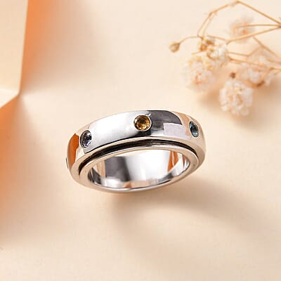 Multi Gemstone 0.50 ctw Seven Chakra Spinner Band Ring in Platinum Over Sterling Silver (Size 10.0)