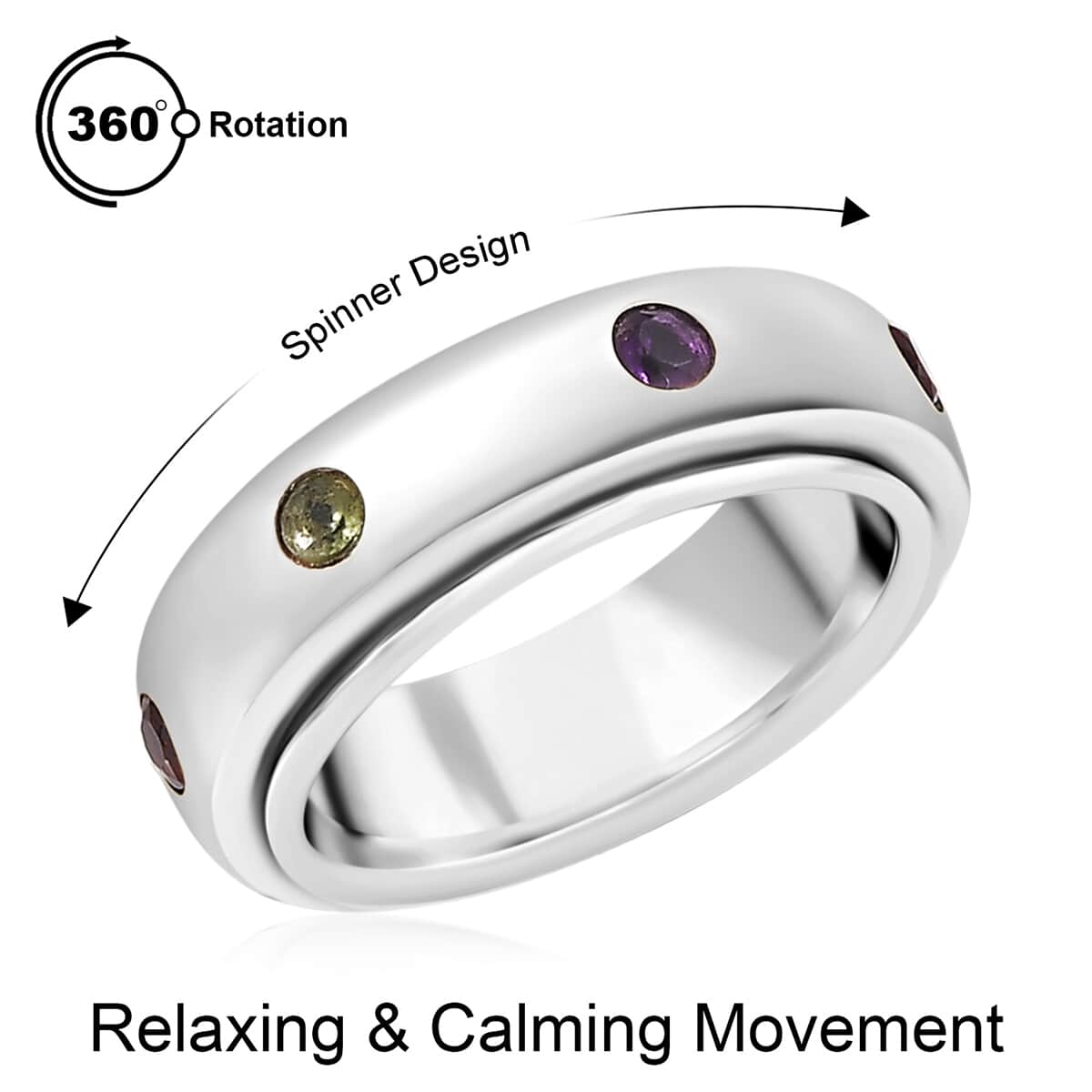 Multi Gemstone 0.50 ctw Seven Chakra Spinner Band Ring in Platinum Over Sterling Silver (Size 7.0) image number 0