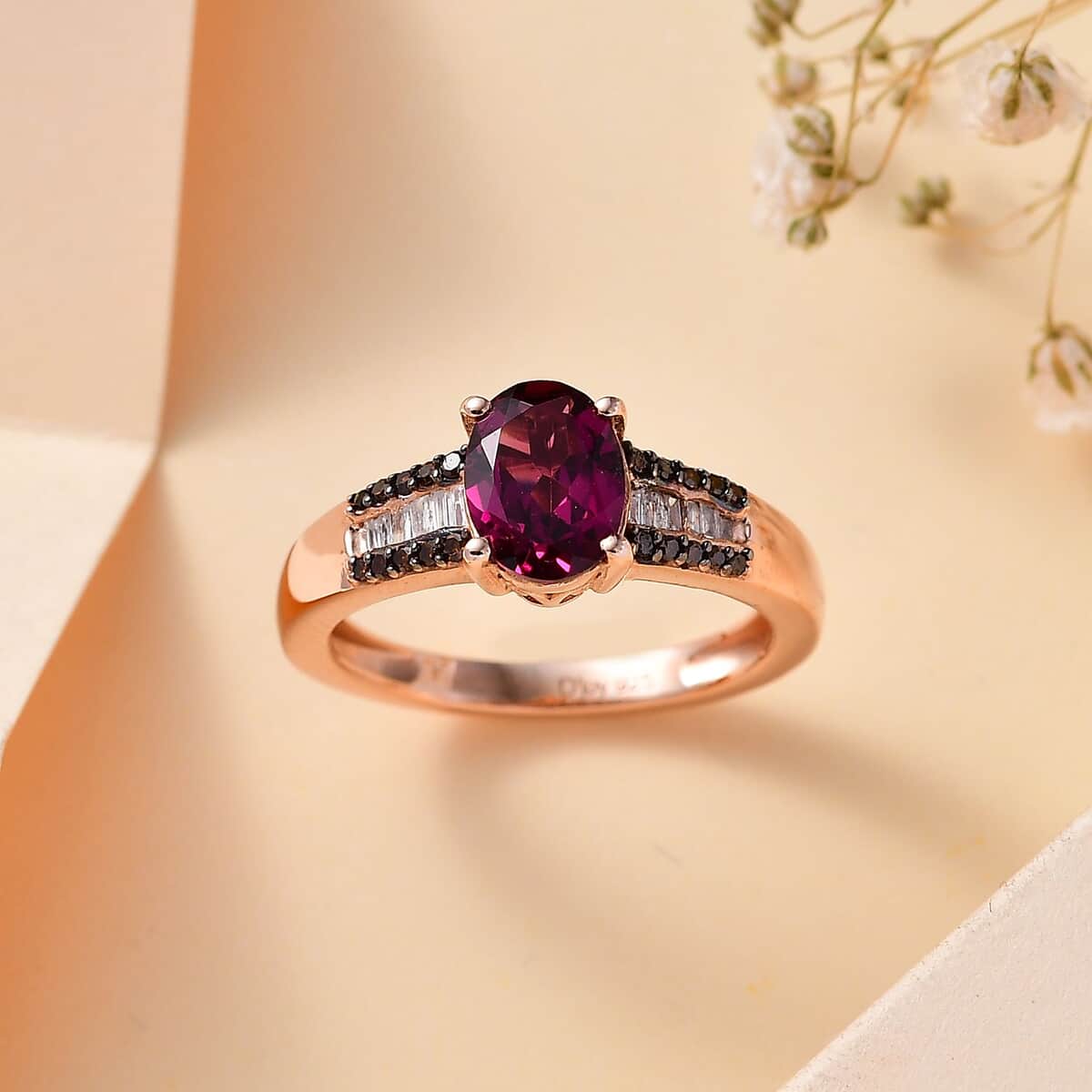 Premium Radiant Ember Garnet, Multi Diamond Ring in 18K Vermeil RG Over Sterling Silver (Size 10.0) 1.60 ctw image number 1