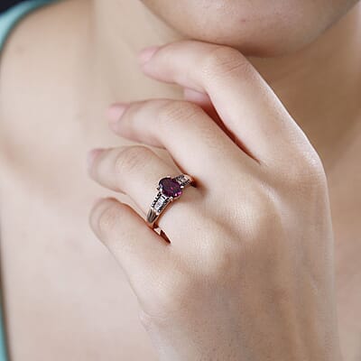 Premium Radiant Ember Garnet, White and Red Diamond Regal Elegance Ring in 18K Vermeil Rose Gold Over Sterling Silver (Size 10.0) 1.60 ctw