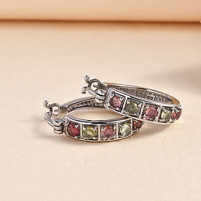 Multi-Tourmaline 1.30 ctw Hoop Earrings in Stainless Steel