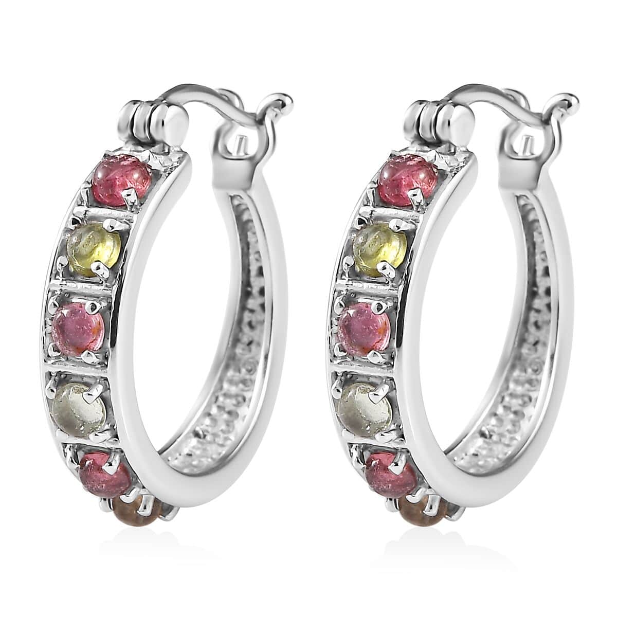 Multi-Tourmaline 1.30 ctw Hoop Earrings in Stainless Steel image number 3