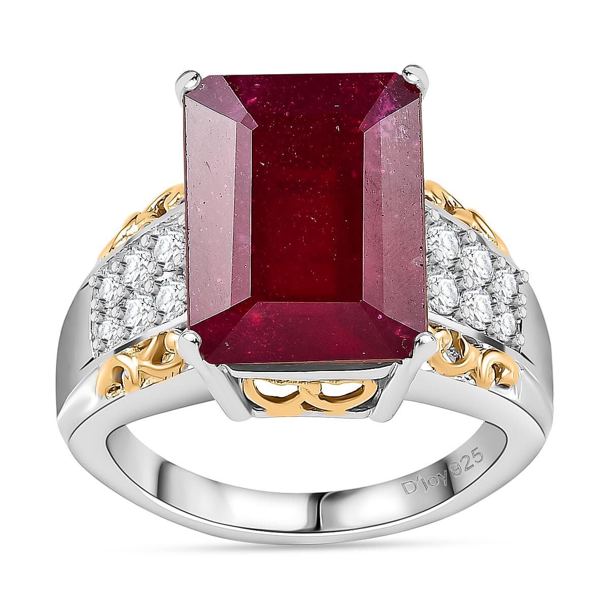 Niassa Ruby (FF) and White Zircon Ring in 18K Vermeil YG and Rhodium Over Sterling Silver (Size 8.0) 12.55 ctw image number 0
