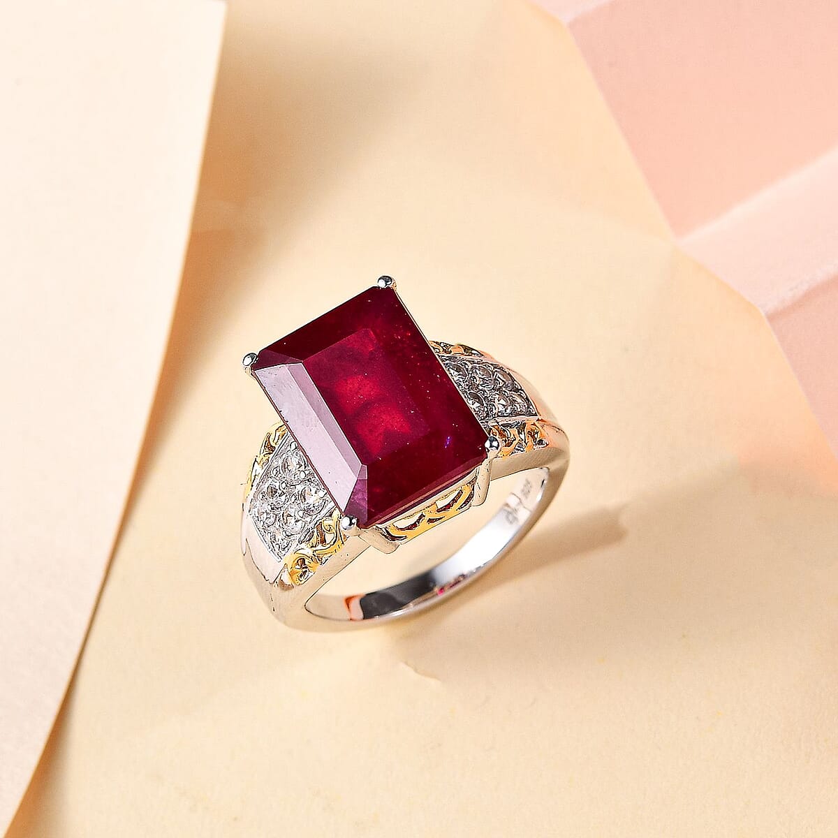 Niassa Ruby (FF) and White Zircon Ring in 18K Vermeil YG and Rhodium Over Sterling Silver (Size 8.0) 12.55 ctw image number 1