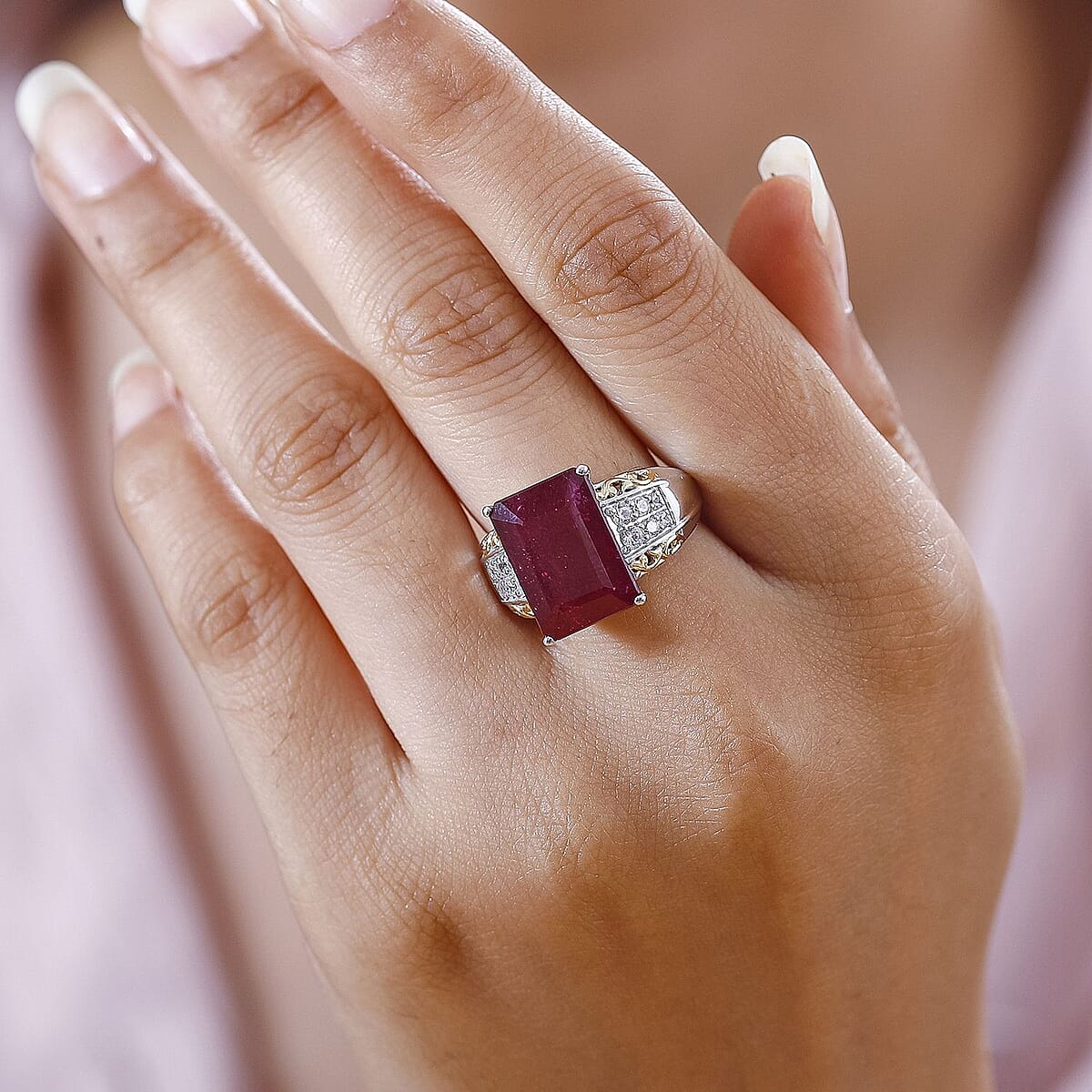 Niassa Ruby (FF) and White Zircon Ring in 18K Vermeil YG and Rhodium Over Sterling Silver (Size 8.0) 12.55 ctw image number 2