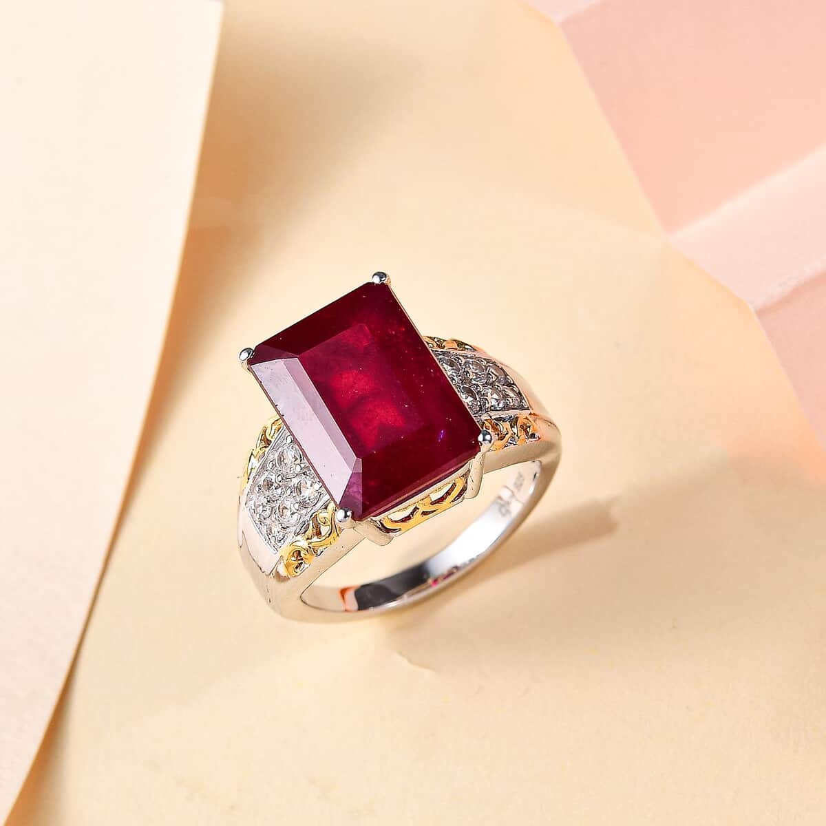 Niassa Ruby (FF) and White Zircon Ring in 18K Vermeil YG and Rhodium Over Sterling Silver (Size 9.0) 12.55 ctw image number 1