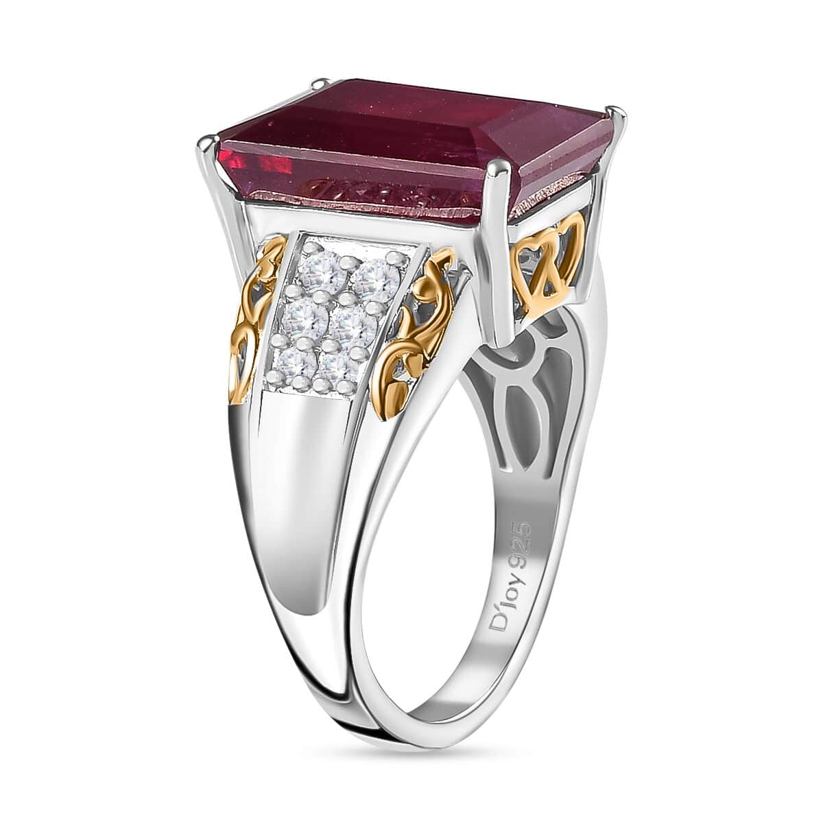 Niassa Ruby (FF) and White Zircon Ring in 18K Vermeil YG and Rhodium Over Sterling Silver (Size 9.0) 12.55 ctw image number 3