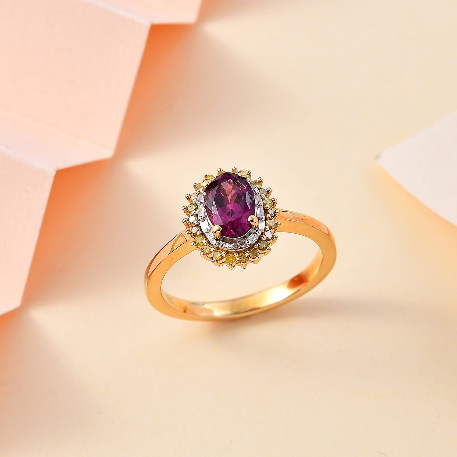 Premium Radiant Ember Garnet, Yellow and White Diamond Sunburst Ring in 18K Vermeil Yellow Gold Over Sterling Silver (Size 10.0) 1.15 ctw
