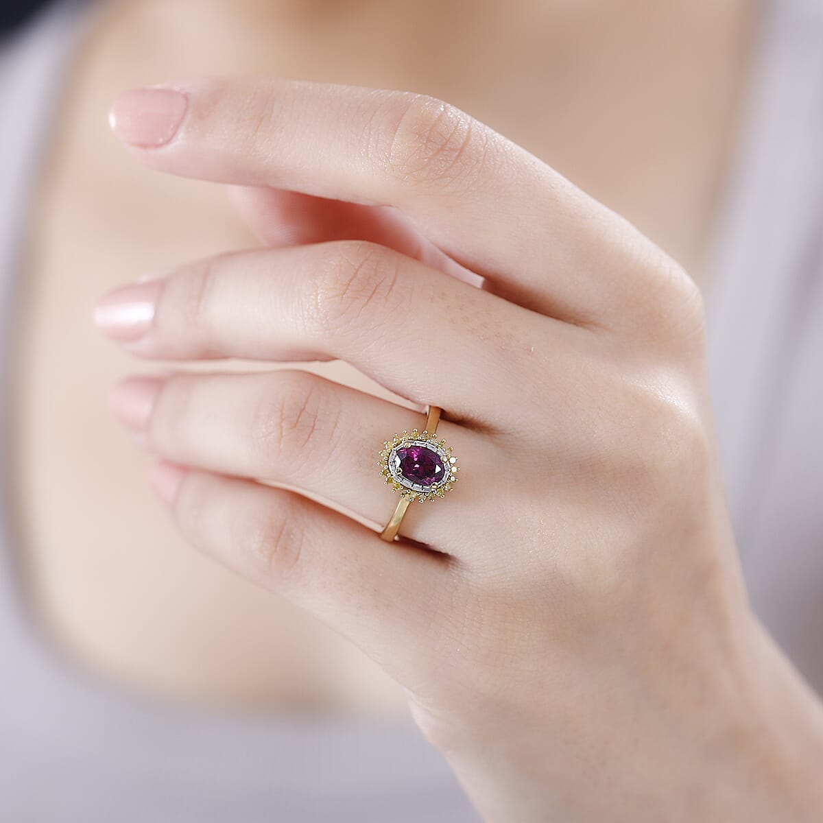 Premium Radiant Ember Garnet, Yellow and White Diamond Sunburst Ring in 18K Vermeil Yellow Gold Over Sterling Silver (Size 10.0) 1.15 ctw image number 2