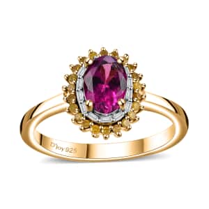 Premium Radiant Ember Garnet, Yellow and White Diamond Sunburst Ring in 18K Vermeil Yellow Gold Over Sterling Silver (Size 7.0) 1.15 ctw