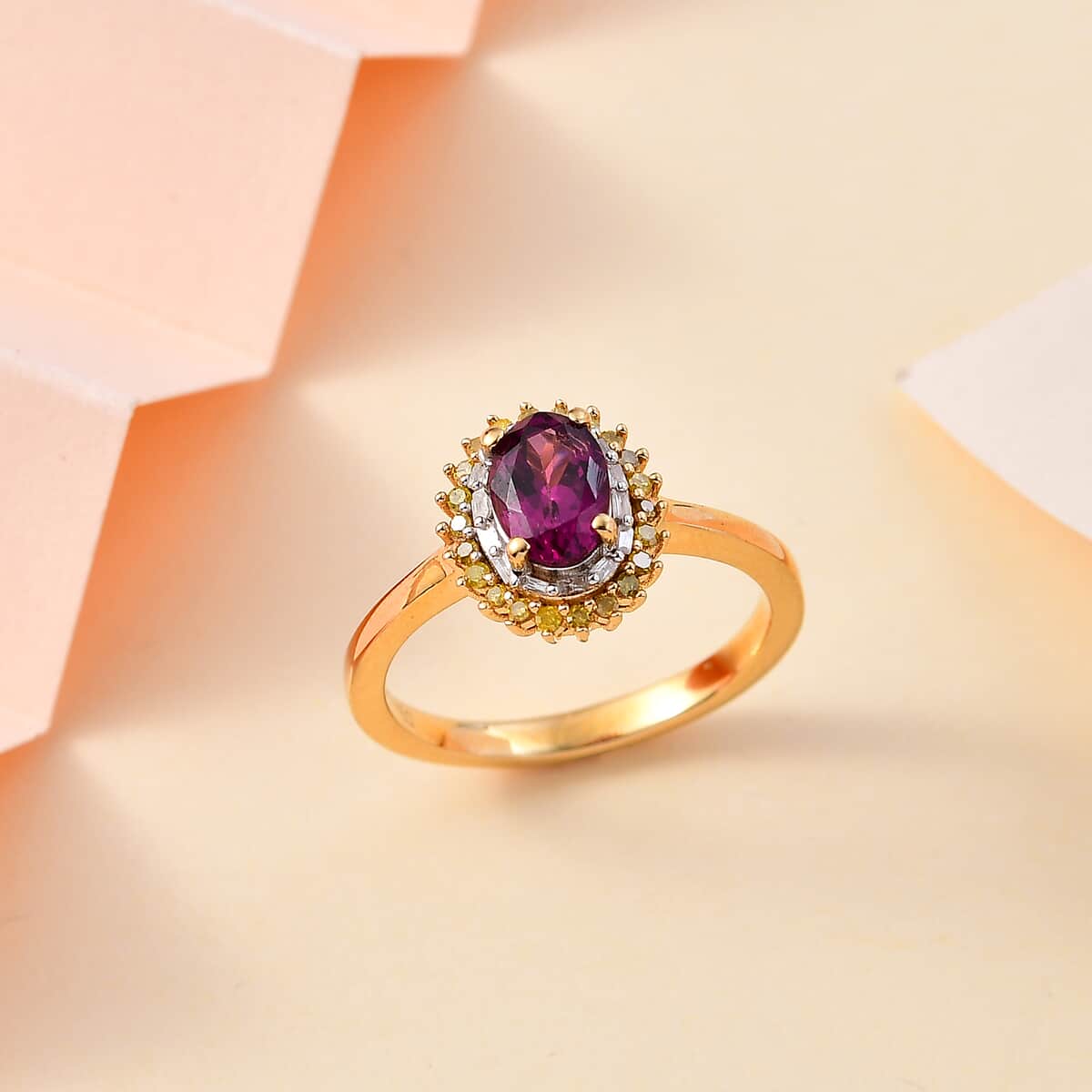 Premium Radiant Ember Garnet, Yellow and White Diamond Sunburst Ring in 18K Vermeil Yellow Gold Over Sterling Silver (Size 7.0) 1.15 ctw image number 1