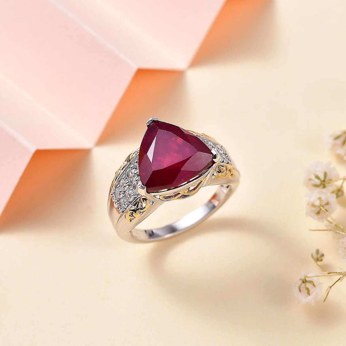 Niassa Ruby (FF) and White Zircon Ring in 18K Vermeil YG and Rhodium Over Sterling Silver (Size 10.0) 8.70 ctw image number 1